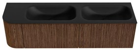 Mondiaz Kurve 165cm badmeubel ronding links walnut met 2 lades en 1 deur en wastafel big small dubbel/rechts zonder kraangat urban