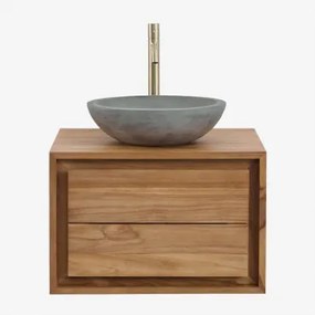 Jabari Zwevend Badkamermeubelset Van Teakhout Teakhout & Rond Grijs Cement Ø40 Cm Tarsis & Spiegelloze & Goud ↑30 Cm Met - Sklum