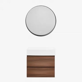 Ona Zwevend Badkamermeubelset Van Hout En Essenfineer Met Geïntegreerde Wastafel Donker Hout & Round Led And Antifog Zwart Ø80 Cm Kimacs - Sklum