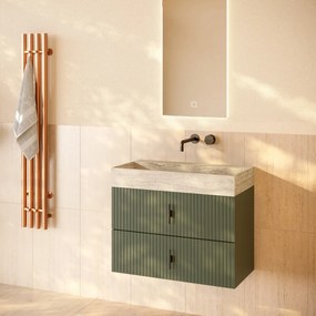 Muebles Murcia badmeubel ribbelfront 80cm legergroen met White Travertin wastafel zonder kraangat