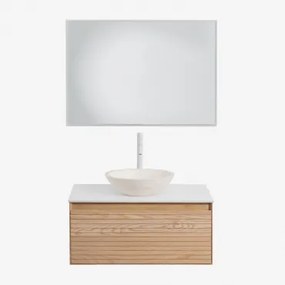 Tedrik Badkamermeubelset In Essenhout Ash Brown & Rond Cement Wit Ø40 Cm Zavion & Rechthoekige Led En Anticondens 100x70 Cm Tamsin & Wit - Sklum