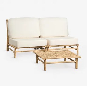 Tuinset Met 2-delige Modulaire Bank En Vierkante Salontafel 75x75 Cm Van Bamboe Isendra Stof Wit - Sklum