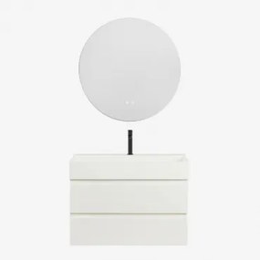 Ona Zwevend Badkamermeubelset Van Hout En Essenfineer Met Geïntegreerde Wastafel Wit & Round Led And Antifog Ø70 Cm Riben & Mat - Sklum