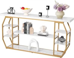 VEVOR Marmeren consoletafel, moderne haltafel met 3 niveaus (180 x 35 x 91 cm) voor open opbergruimte, gouden geometrische tafel met ijzeren buizen, anti-kantel- en driehoekige steun