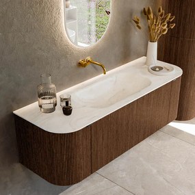 Mondiaz Kurve-dlux 140cm badmeubel ronding links/rechts walnut met 1 lade en 2 deuren en wastafel big small midden zonder kraangat ostra