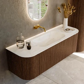 Mondiaz Kurve-dlux 140cm badmeubel ronding links/rechts walnut met 1 lade en 2 deuren en wastafel big small midden zonder kraangat ostra