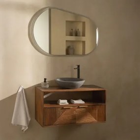 Badkamermeubelset Van Mangohout Baty Mangohout & Rond Grijs Cement Ø40 Cm Tarsis & Ovaal Led En Anticondens 100x80 Cm Meunier & Zwart - Sklum