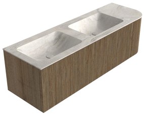 Mondiaz Kurve-dlux 145cm badmeubel ronding rechts dusk met 1 lade en deur en wastafel leaf dubbel/links zonder kraangat ostra