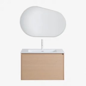 Badkamermeubelset In Hout Met Geïntegreerde Wastafel Jacob Natuurlijk Hout & Ovaal Led En Anticondens 100x80 Cm Meunier & Wit ↑20 - Sklum
