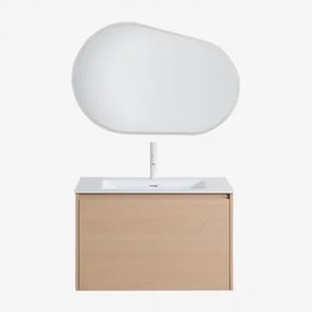 Hangend Badkamermeubelset 80x50 Cm Van Hout Met Geïntegreerde Wastafel Jacob Natuurlijk Hout & Ovaal Led En Anticondens 100x80 Cm Riben & Wit ?20 -