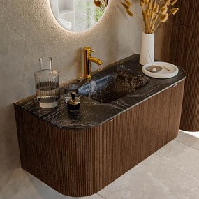 Mondiaz Kurve-dlux 100cm badmeubel ronding links/rechts walnut met 1 lade en 2 deuren en wastafel grunne midden 1 kraangat lava