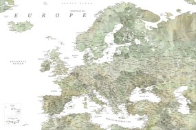 Kaart Detailed map of Europe in green watercolor, Blursbyai, (40 x 26.7 cm)