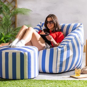 Natalia Outdoor Zitzak Stoel Woven + Poef - Kobaltblauw/Wit