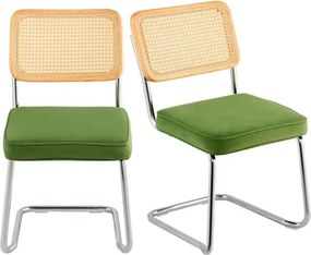 VEVOR rotan eetkamerstoelen, set van 2, moderne eetkamerstoelen, gestoffeerde fluwelen accentstoel met rotan rugleuning, retro eetkamerstoel voor woonkamer, slaapkamer, leeskamer, groen