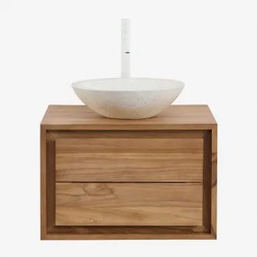 Jabari Zwevend Badkamermeubelset Van Teakhout Teakhout & Rond Cement Wit Ø40 Cm Zavion & Spiegelloze & Wit ↑30 Cm Met - Sklum