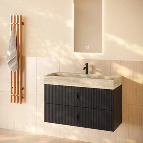 Muebles Murcia badmeubel ribbelfront 100cm antraciet met White Travertin wastafel met kraangat