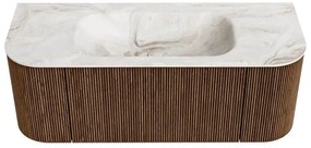 Mondiaz Kurve-dlux 120cm badmeubel ronding links/rechts walnut met 1 lade en 2 deuren en wastafel big small midden 1 kraangat frappe