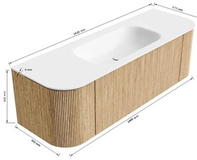 Mondiaz Kurve 140cm badmeubel ronding links/rechts oak met 1 lade en 2 deuren en wastafel big small midden zonder kraangat urban