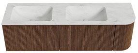 Mondiaz Kurve-dlux 155cm badmeubel ronding rechts walnut met 2 lades en 1 deur en wastafel leaf dubbel/links 2 kraangaten opalo