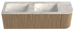 Mondiaz Kurve-dlux 145cm badmeubel ronding rechts dusk met 1 lade en deur en wastafel leaf dubbel/links zonder kraangat ostra