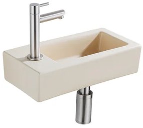 QeramiQ Fuente Fonteinset - 37.5x18.5x9cm - keramiek - kraangat links - fonteinkraan geborsteld RVS - afvoerplug - verlaagd sifon - Mat Beige SW1122452/SW696207/SW696217/SW696237