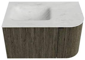 Mondiaz Kurve-dlux 75cm badmeubel ronding rechts shadow met 1 lade en deur en wastafel grunne kraangat links opalo