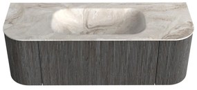 Mondiaz Kurve-dlux 130cm badmeubel ronding links/rechts shadow met 1 lade en 2 deuren en wastafel big small midden zonder kraangat frappe