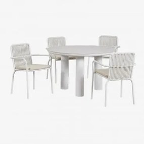 Arken Ronde Tafelset Van Keramiek En Aluminium, Ø120, En Vier Alberta Aluminium Tuinstoelen Met Armleuningen. Beige – Crème - Sklum