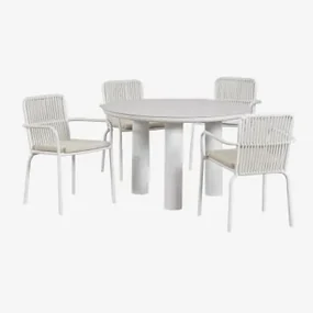 Arken Ronde Tafelset Van Keramiek En Aluminium, Ø120, En Vier Alberta Aluminium Tuinstoelen Met Armleuningen. Beige – Crème - Sklum