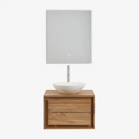 Jabari Teakhouten Badkamermeubelset Teakhout & Rond Cement Wit Ø40 Cm Zavion & Rechthoekige Led En Anticondens 60x70 Cm Tamsin & - Sklum