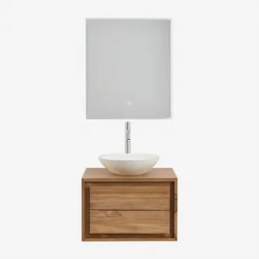 Jabari Zwevend Badkamermeubelset Van Teakhout Teakhout & Rond Cement Wit Ø40 Cm Zavion & Rechthoekige Led En Anticondens 60x70 Cm Riben & - Sklum