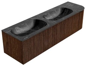 Mondiaz Kurve-dlux 165cm badmeubel ronding rechts walnut met 2 lades en 1 deur en wastafel stor small dubbel/links 2 kraangaten lava