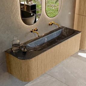 Mondiaz Kurve-dlux 145cm badmeubel ronding links oak met 1 lade en deur en wastafel big large rechts zonder kraangat lava