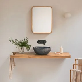 Conjunto Van Meubel 130x45 Cm Hangend In Teakhout Neill Teakhout & Onregelmatige In Zwart Cement ↔︎40 Cm Fedro & Matzwart Inbouwmodel Met Afvoerkraan