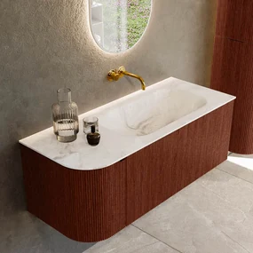 Mondiaz Kurve-dlux 115cm badmeubel ronding links ruby met 1 lade en deur en wastafel big small rechts zonder kraangat frappe