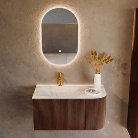 Mondiaz Kurve-dlux 85cm badmeubel ronding rechts ruby met 1 lade en deur en wastafel cloud kraangat links opalo