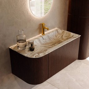 Mondiaz Kurve-dlux 95cm badmeubel ronding links ruby met 1 lade en deur en wastafel big small kraangat rechts glace