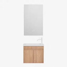 Narek Zwevend Houten Badkamermeubelset Met Geïntegreerde Wastafel Ash Brown & Wit ↑20 Cm Met Aftapkraan Zonder Overloop Orveta & Rectangular Led And A