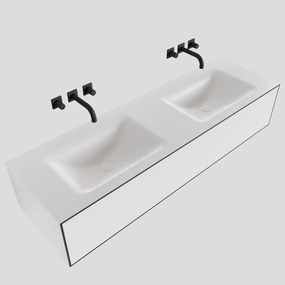 Zaro Lagom volledig naadloos solid surface onderkast 150cm mat zwart met 1 lade Push tot open. Compleet met solid surface wastafel met 0 kraangat(en)