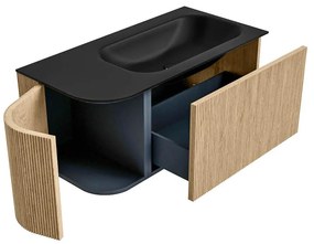 Mondiaz Kurve 95cm badmeubel ronding links oak met 1 lade en deur en wastafel big small rechts zonder kraangat urban