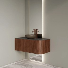 Gliss Design Alluro badmeubel ribbelfront met ronding rechts 100cm walnut en zwart leisteen toppaneel
