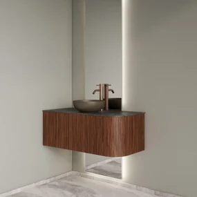 Gliss Design Alluro badmeubel ribbelfront met ronding rechts 100cm walnut en zwart leisteen toppaneel