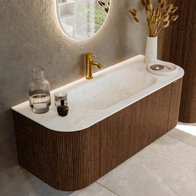 Mondiaz Kurve-dlux 120cm badmeubel ronding links/rechts walnut met 1 lade en 2 deuren en wastafel big small midden 1 kraangat opalo