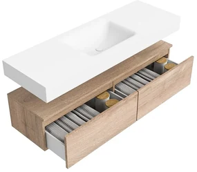 Zaro Alan badmeubel 140cm washed oak 2 lades met vrijhangende wastafel cloud midden 1 kraangat talc