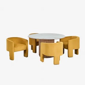 Ronde Tafelset Ø120 Cm In Marmer En Mangohout Giselda En 4 Eetkamerstoelen In Fluweel Xastru Bruin Marmer Toronto - Sklum