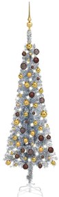 vidaXL Kerstboom met LED's en kerstballen smal 150 cm zilverkleurig