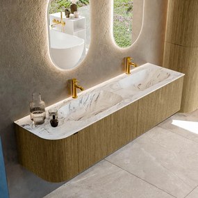 Mondiaz Kurve-dlux 175cm badmeubel ronding links dusk met 2 lades en 1 deur en wastafel stor small dubbel/rechts 2 kraangaten glace