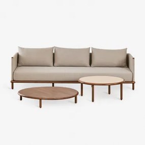 Woonkamer Set Met 3-zitsbank En 2 Ronde Salontafels Van Acaciahout Olivia Donker Acaciabruin & Donker Acaciabruin - Beige - Semoline - Sklum