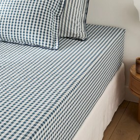 Hoeslaken katoen seersucker 30 cm, Cottage bleu