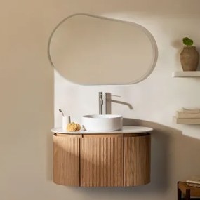 Carsone Zwevend Badkamermeubelset 90x50 Cm Van Hout Natuurlijk Hout & Zonder Extra Eenheid & Rond Keramiek Wit Ø40 Cm Lenka & Ovaal Led - Sklum